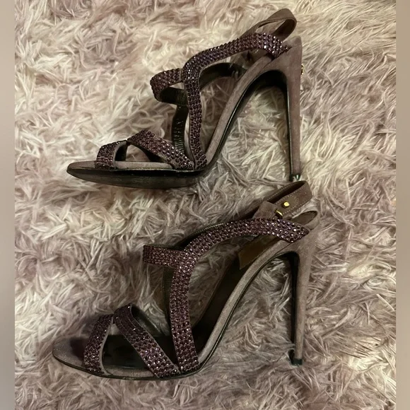 Roberto Cavalli Women Purple Suede Crystal Embellished Strappy Sandal Heel 37 7 - Picture 7 of 16